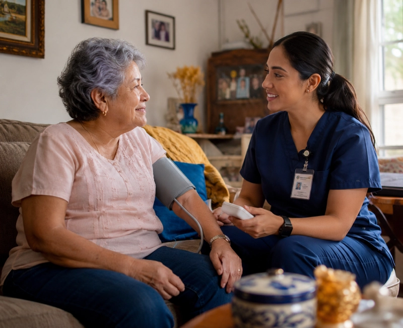 A home health or hospice nurse with a patient